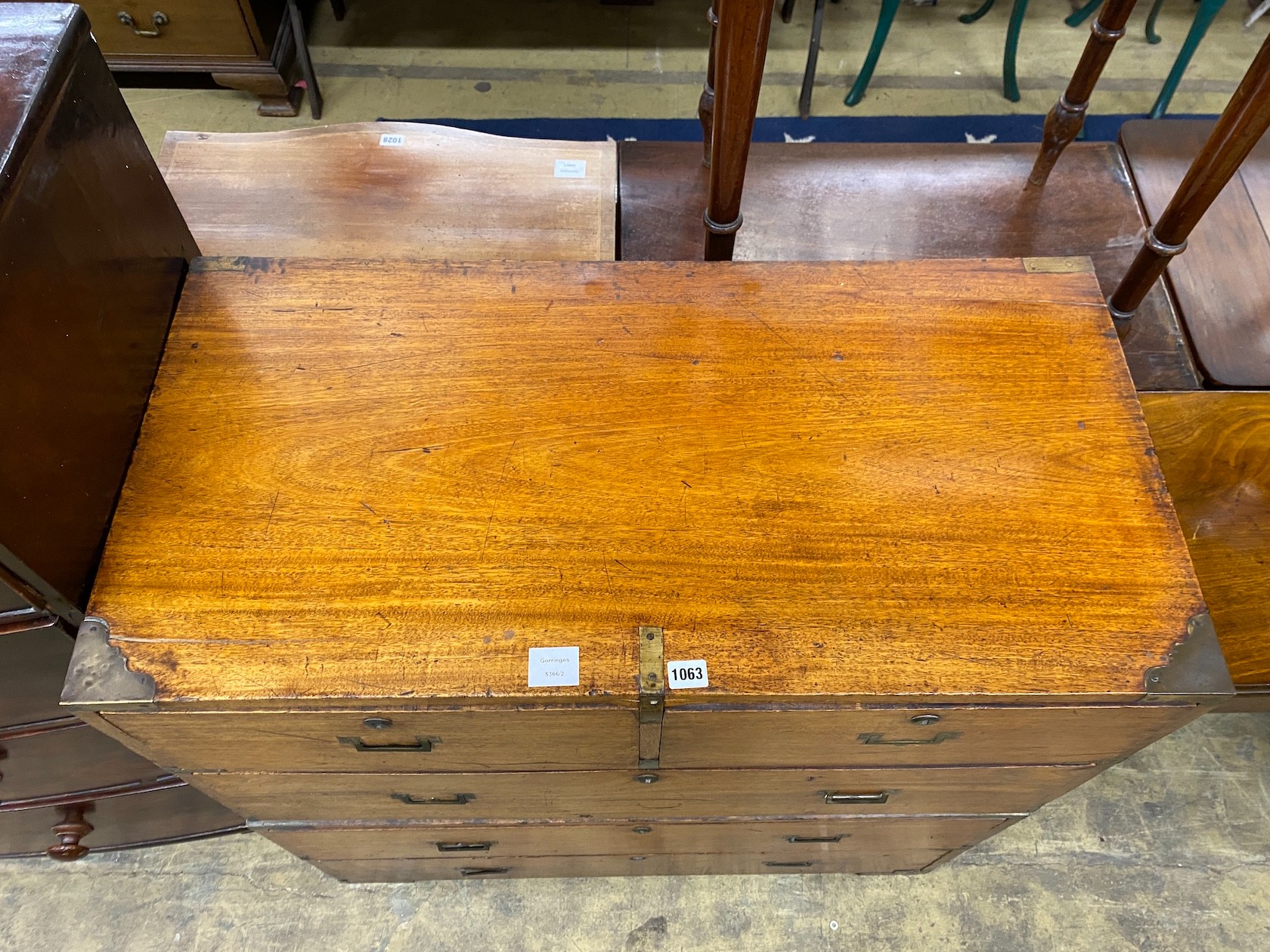 A 19th century brass mounted teak two part military chest, width 92cm, depth 46cm, height 94cm